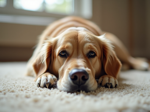 Eye-level view of a relaxed golden retriever lying on a cozy rug