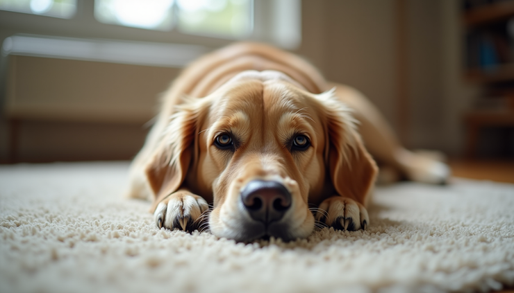 Eye-level view of a relaxed golden retriever lying on a cozy rug