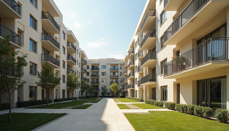 Eye-level view of a modern apartment complex with multiple balconies and communal areas