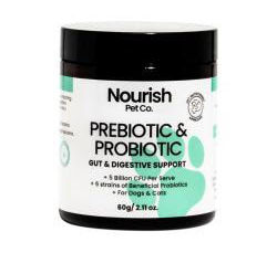Black and white jar labeled "Nourish Pet Co. Prebiotic & Probiotic, Gut & Digestive Support" for dogs and cats, set against a white background.