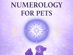 Purple-themed cover with silhouettes of a cat and dog, "Starlet Pets" text, "Numerology for Pets" headline, and starry background.