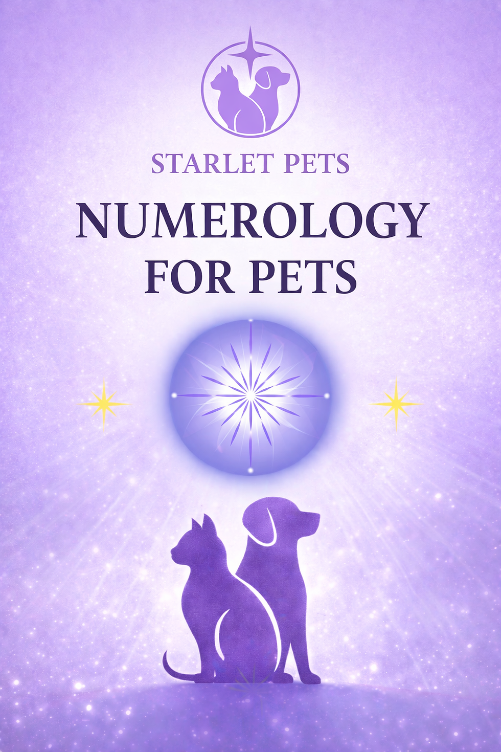 Purple-themed cover with silhouettes of a cat and dog, "Starlet Pets" text, "Numerology for Pets" headline, and starry background.