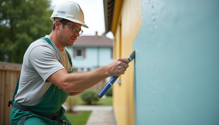 Eye-level view of a painter preparing an exterior wall for painting