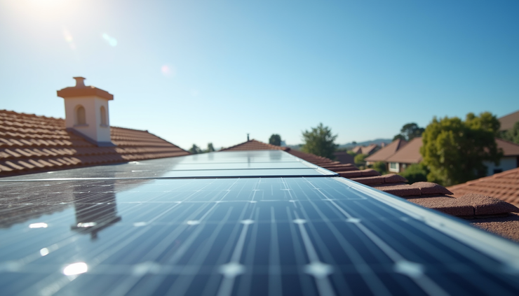 Eye-level view of a rooftop solar panel installation on a suburban home