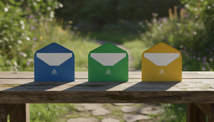 Close-up view of three coloured envelopes arranged on a timber bench