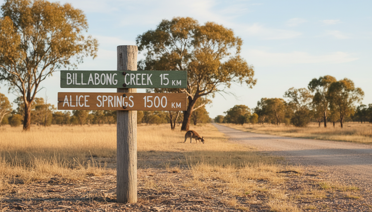 Wide-angle view of a rural road sign with near and far distance markers.