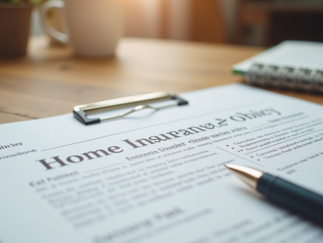Eye-level view of a home insurance policy document on a wooden table with a pen