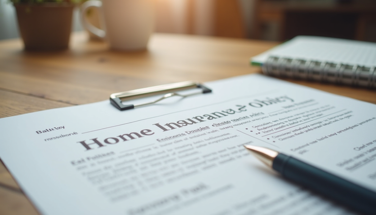 Eye-level view of a home insurance policy document on a wooden table with a pen