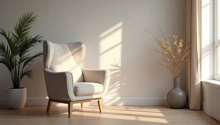 Eye-level view of a cosmetic surgery consultation room with a comfortable chair and soft lighting
