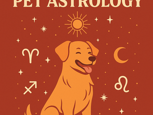 Happy dog with astrological symbols on a red background. Text: "Fire Signs in Pet Astrology" with sun, stars, and moon accents.