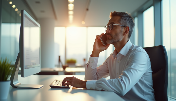 Eye-level view of a solar consultant making a phone call to follow up on a Facebook enquiry