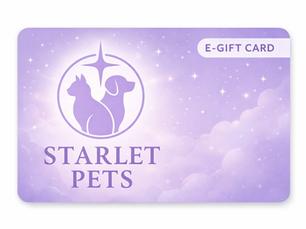 Purple e-gift card with silhouettes of a cat and dog in a star circle, "STARLET PETS" text below. Background shows stars and clouds.