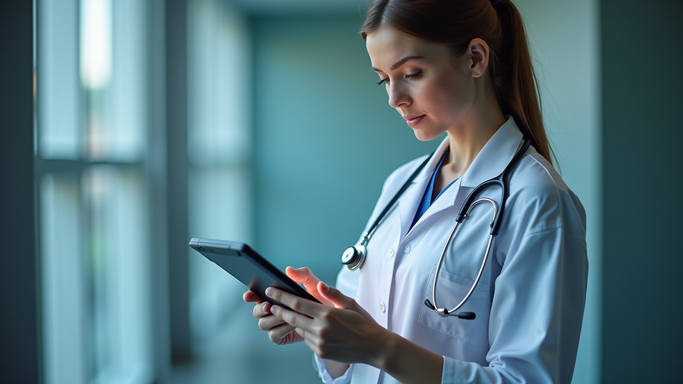 Eye-level view of a healthcare professional reviewing patient data on a tablet