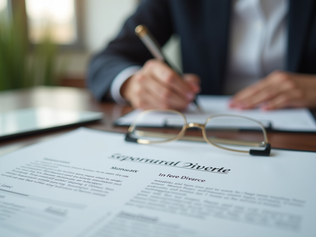 Eye-level view of a legal consultation room with divorce documents on the table