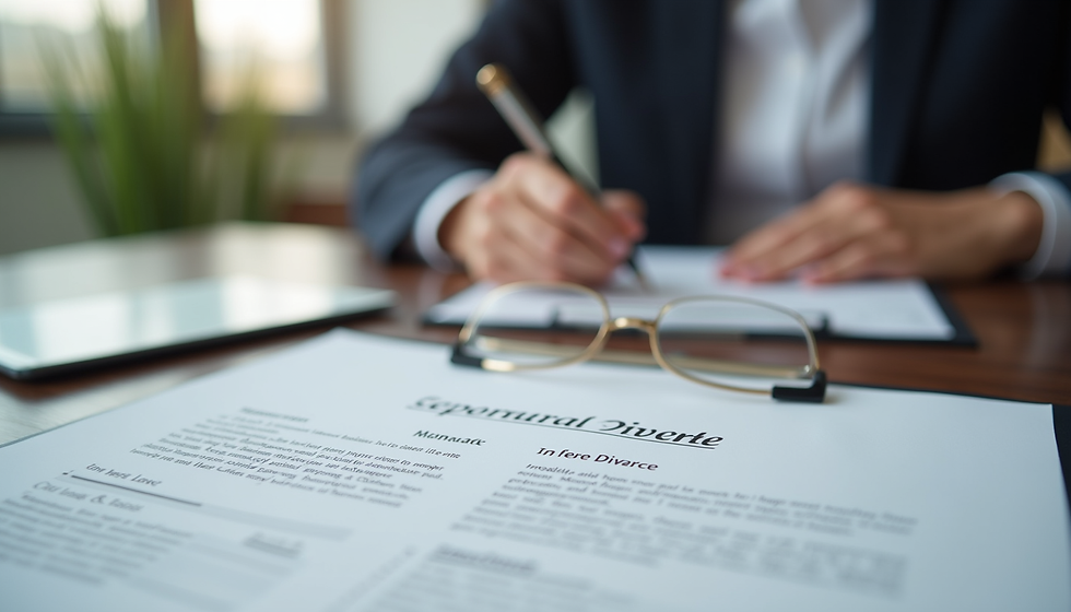 Eye-level view of a legal consultation room with divorce documents on the table