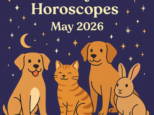 Illustrated pets: a dog, cat, and rabbit, under a crescent moon and stars. Text: "Monthly Pet Horoscopes May 2026." Playful vibe.