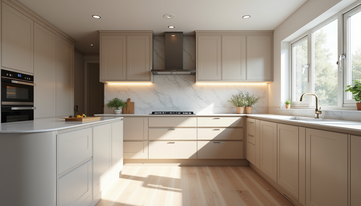 Eye-level view of a modern kitchen renovation project with new cabinets and benchtops