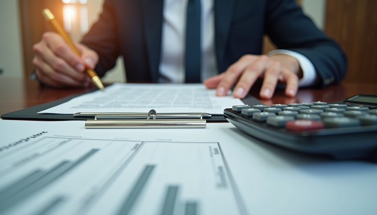 Eye-level view of a tax lawyer’s desk with legal documents and calculator