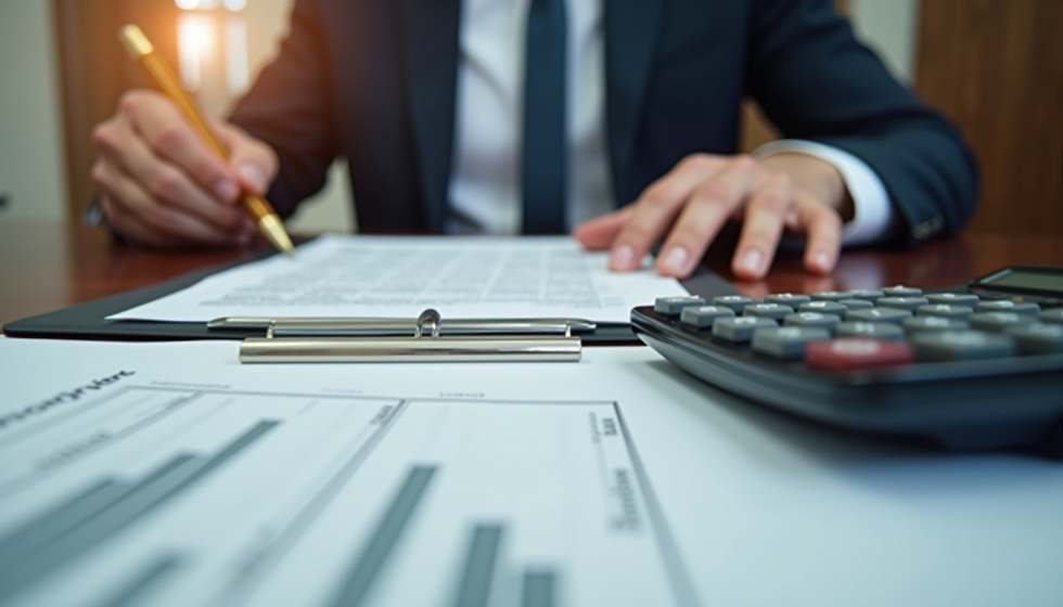 Eye-level view of a tax lawyerās desk with legal documents and calculator