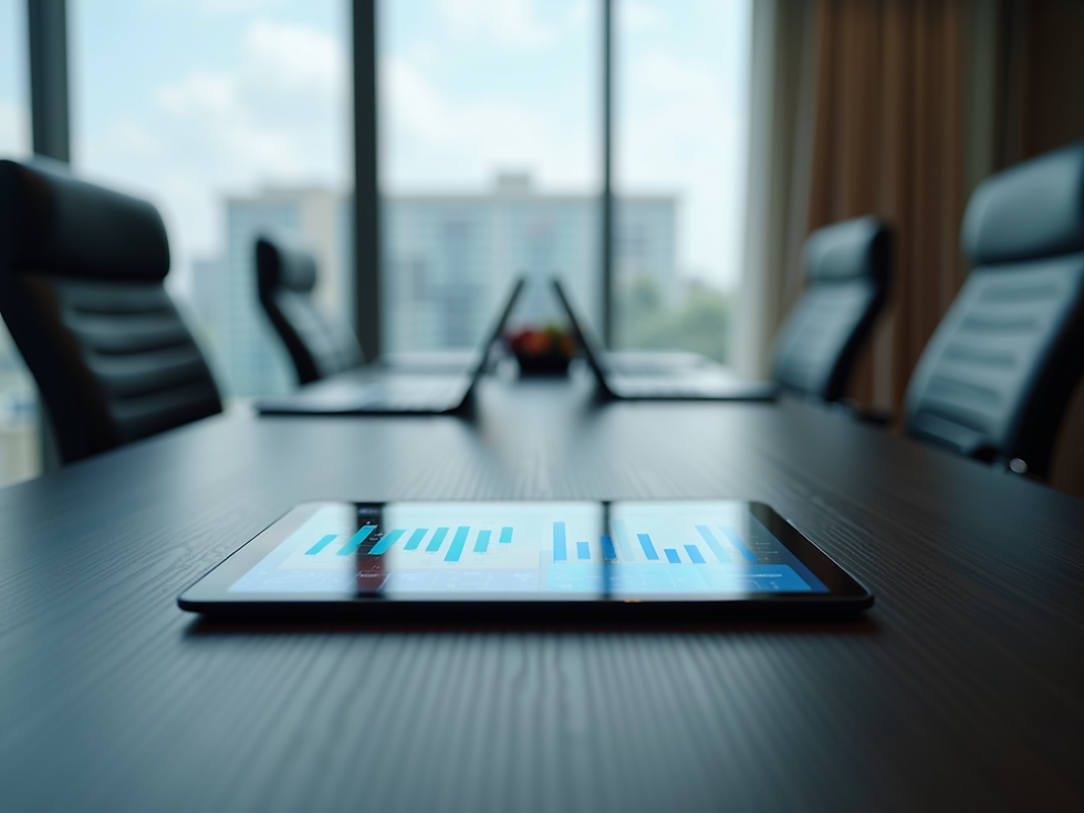 Tablet on a conference table shows a blue bar chart, with blurred laptops and office chairs by large windows overlooking the city.