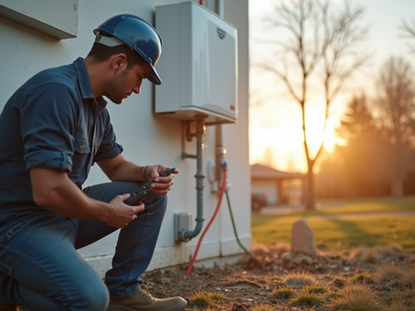 Eye-level view of a technician inspecting a hot water system installation site