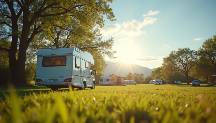 Eye-level view of a touring caravan parked in a sunny campsite