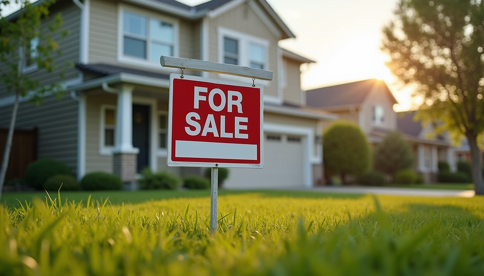 Eye-level view of a suburban house with a "For Sale" sign in the front yard