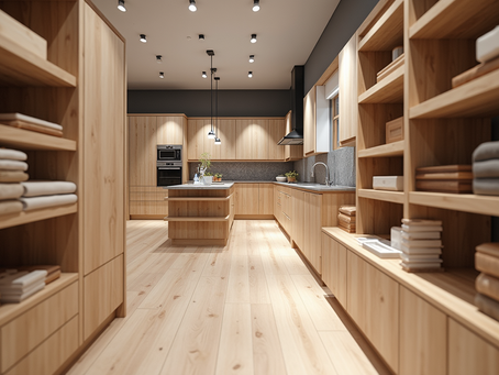 Eye-level view of a custom kitchen joinery showroom with sample cabinetry and timber finishes