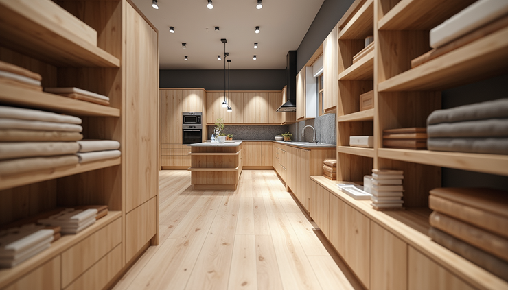 Eye-level view of a custom kitchen joinery showroom with sample cabinetry and timber finishes