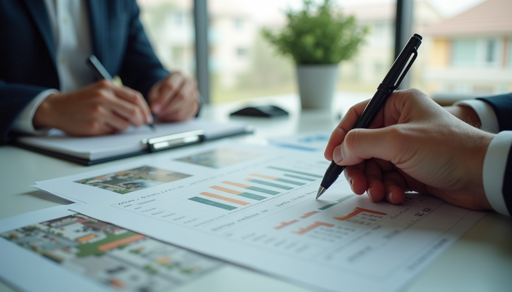 Eye-level view of a real estate agent reviewing property listings with a client in a bright office