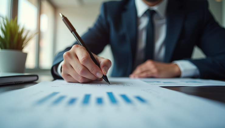 Eye-level view of a consultant reviewing client notes on a desk