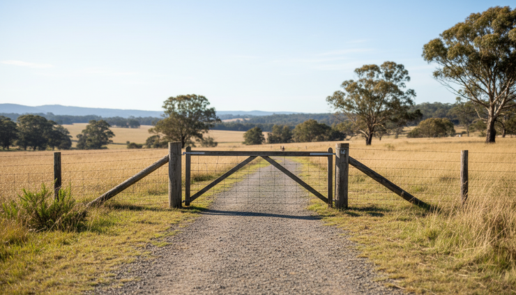 Wide-angle view of a marked walking trail leading to an open gate