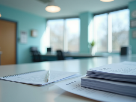 Eye-level view of a GP clinic reception desk with appointment schedules and patient files