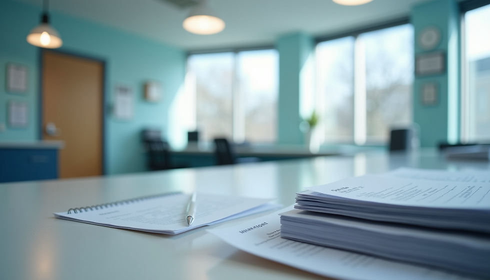 Eye-level view of a GP clinic reception desk with appointment schedules and patient files