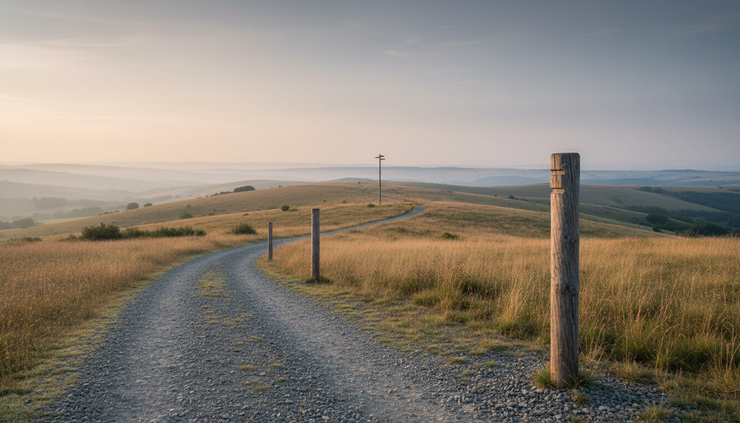 Wide-angle view of a gravel path with small, medium and large timber signposts in open countryside.