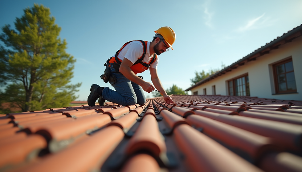 Eye-level view of a roofer inspecting a tiled roof on a residential home