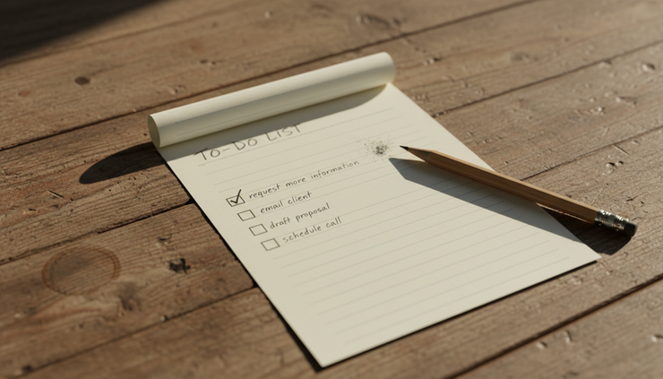 Close-up view of a handwritten checklist with a tick beside permission to receive more information.