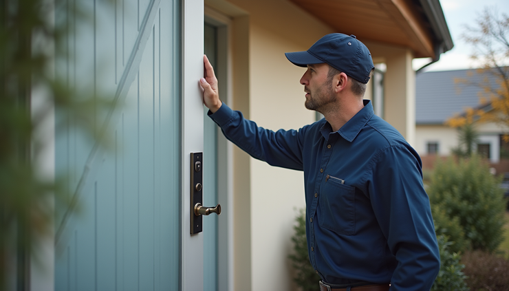 Eye-level view of a security door installer inspecting a newly installed security door