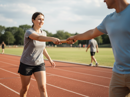 Eye-level view of a relay baton being passed on a running track
