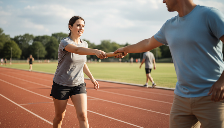Eye-level view of a relay baton being passed on a running track