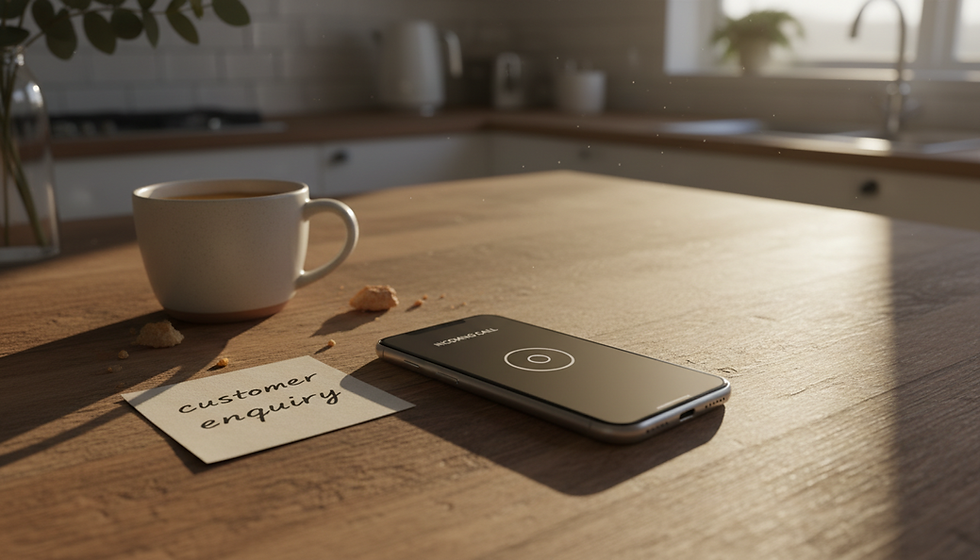 Eye-level view of a ringing mobile phone beside a handwritten enquiry note