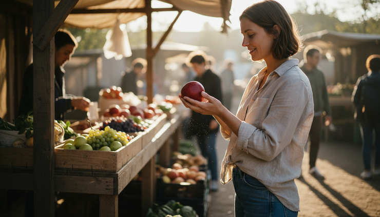 Eye-level view of a shopper holding a ripe apple at a small market stall.