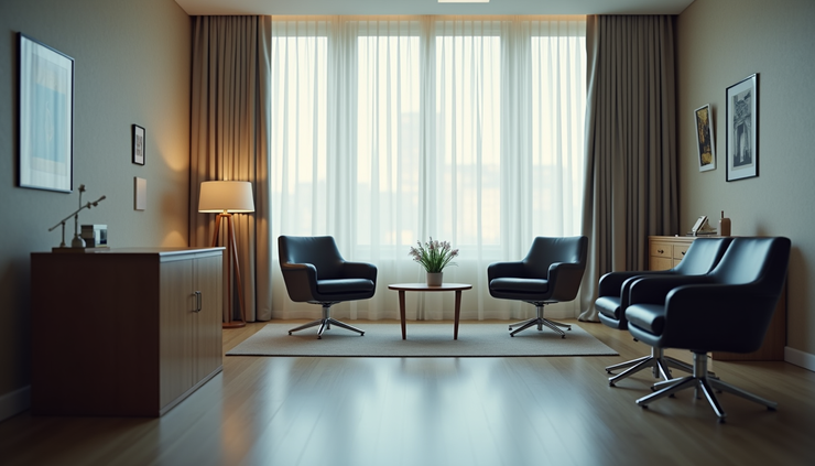 Eye-level view of a legal consultation room with empty chairs and a desk