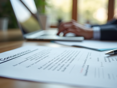 Eye-level view of a conveyancing office desk with property contracts and a laptop