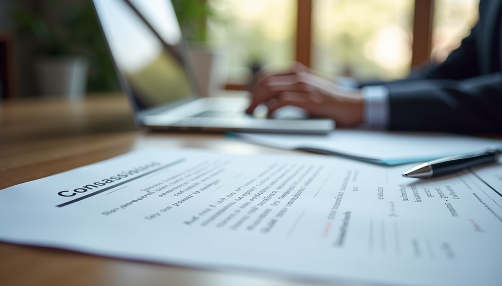 Eye-level view of a conveyancing office desk with property contracts and a laptop