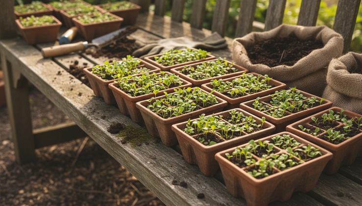 Wide-angle view of healthy seedlings sorted into small trays on a garden bench.
