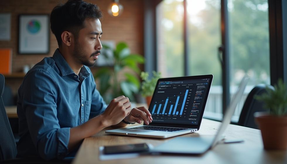 Eye-level view of a sales professional reviewing lead data on a laptop screen