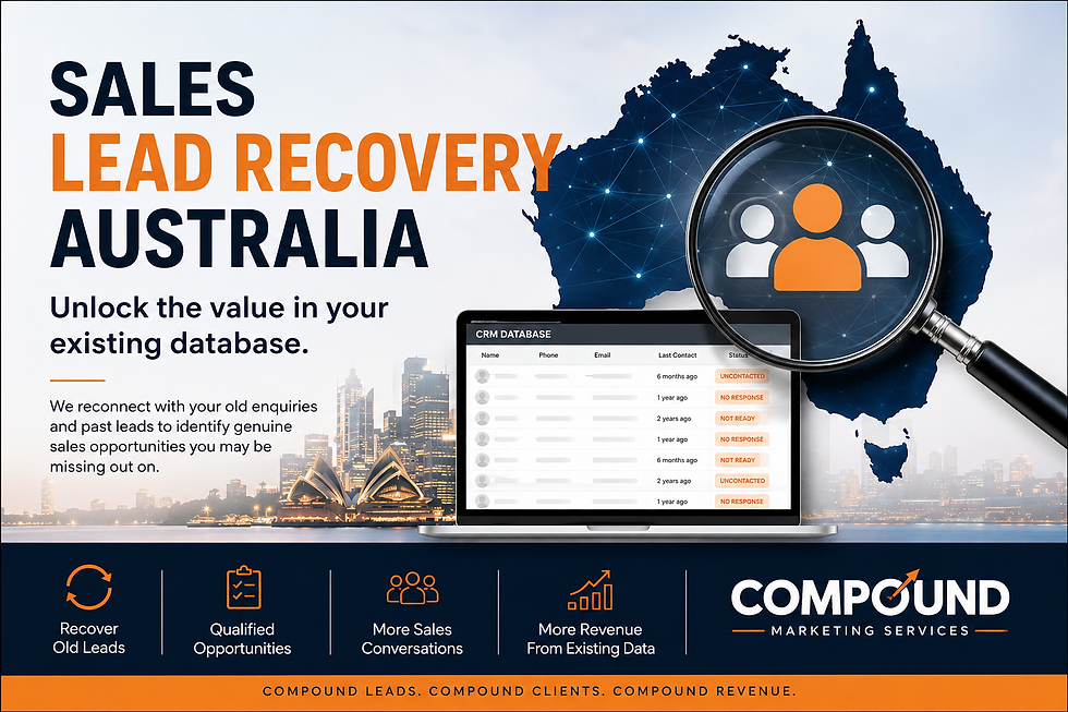 Promotional graphic for Sales Lead Recovery Australia with laptop CRM, magnifying glass over map of Australia, and city skyline.