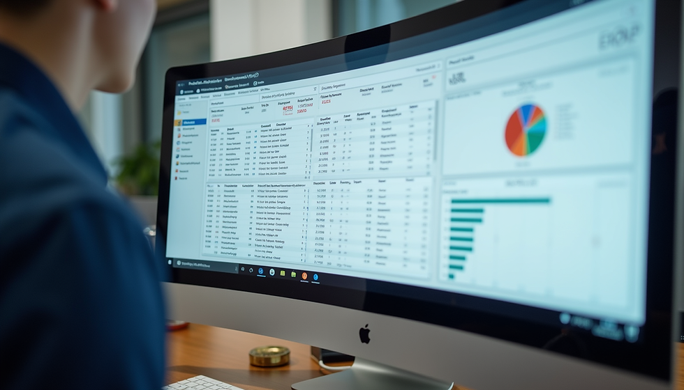 Eye-level view of a computer screen showing a detailed CRM dashboard with client data and sales lead tracking