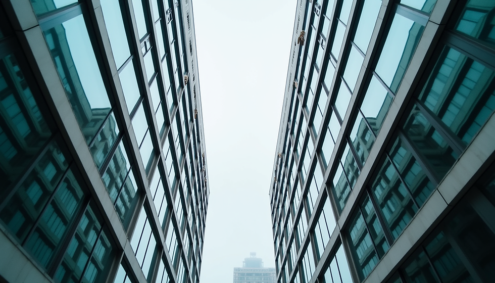 Eye-level view of a commercial office building with multiple floors and glass windows